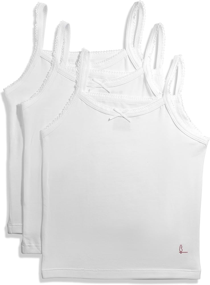 Feathers Girls Solid White Snug Fit Tagless Cami Vest - 100% Cotton Super Soft Undershirts (3/Pack)