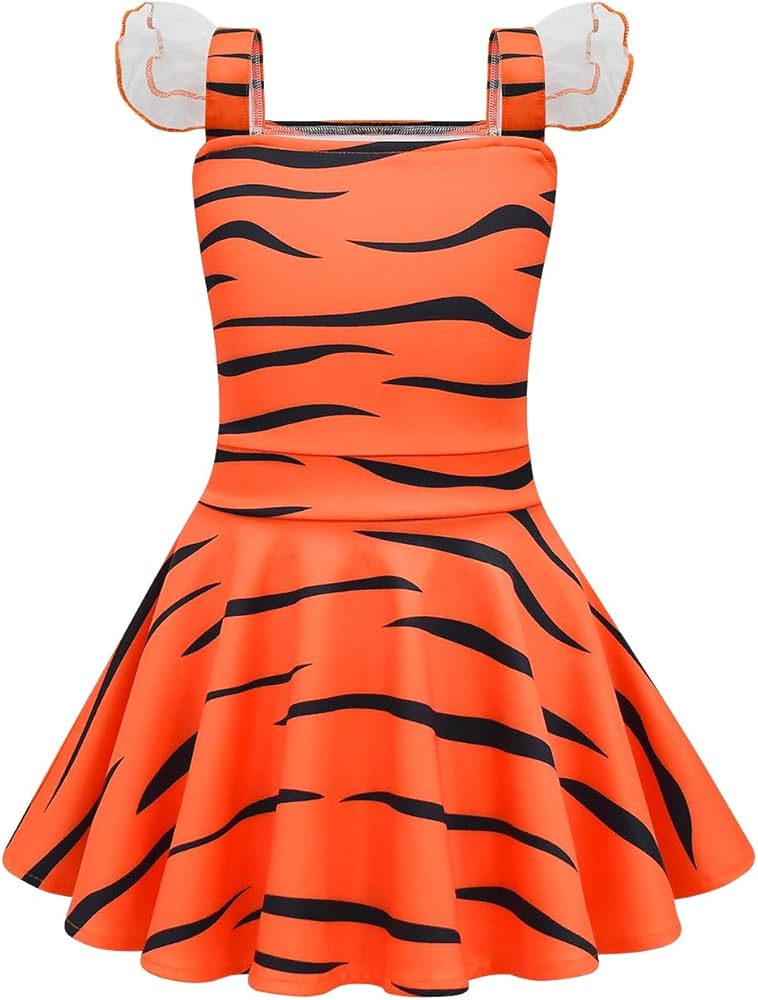 Ttiger Animal Dress Square Neck Flounce Hem Casual Dress Dress Halloween Outfit for Kids Girls