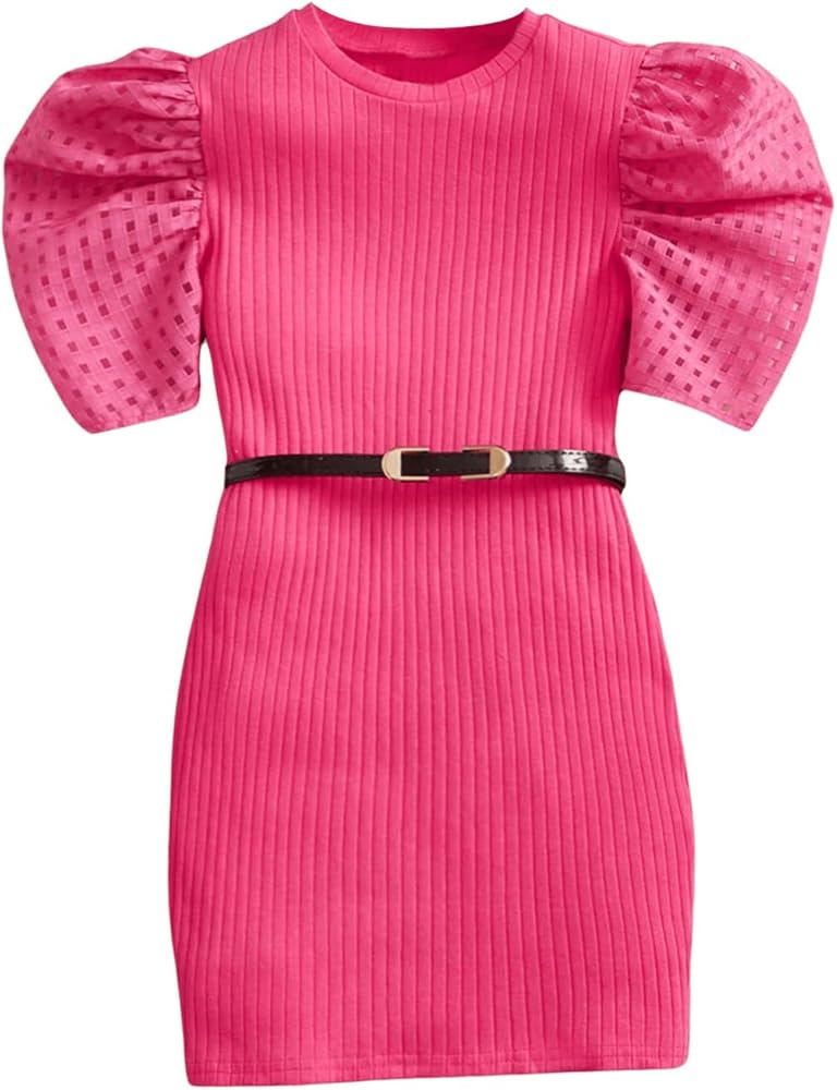 Floerns Girl's Puff Short Sleeve Round Neck Ribbed Knit Bodycon Pencil Dress Without Belt