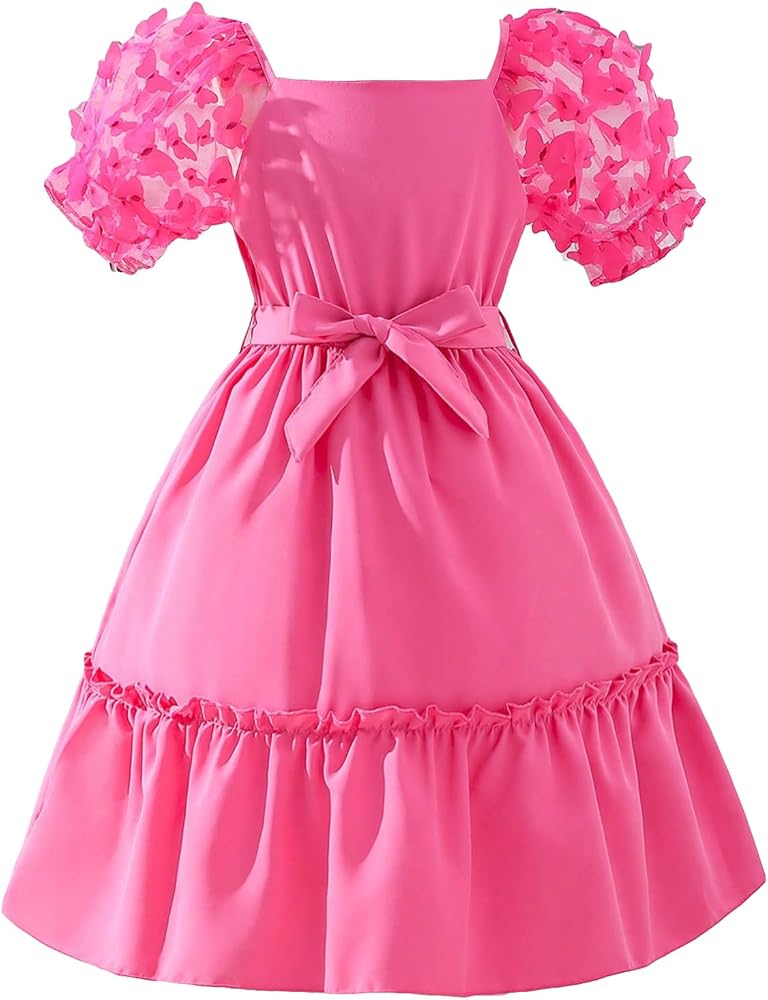 WDIRARA Girl's Contrast Mesh Butterfly Appliques Square Neck Short Puff Sleeve Cute Flounce Hem Midi Dress