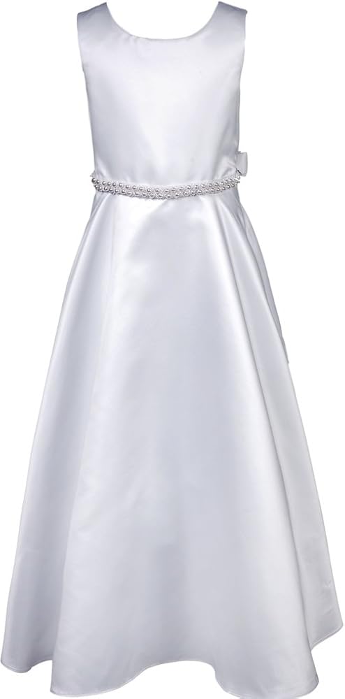 BNY Corner Flower Girl Dress Holy Communion Bridal A-Line Satin Pearl Trim