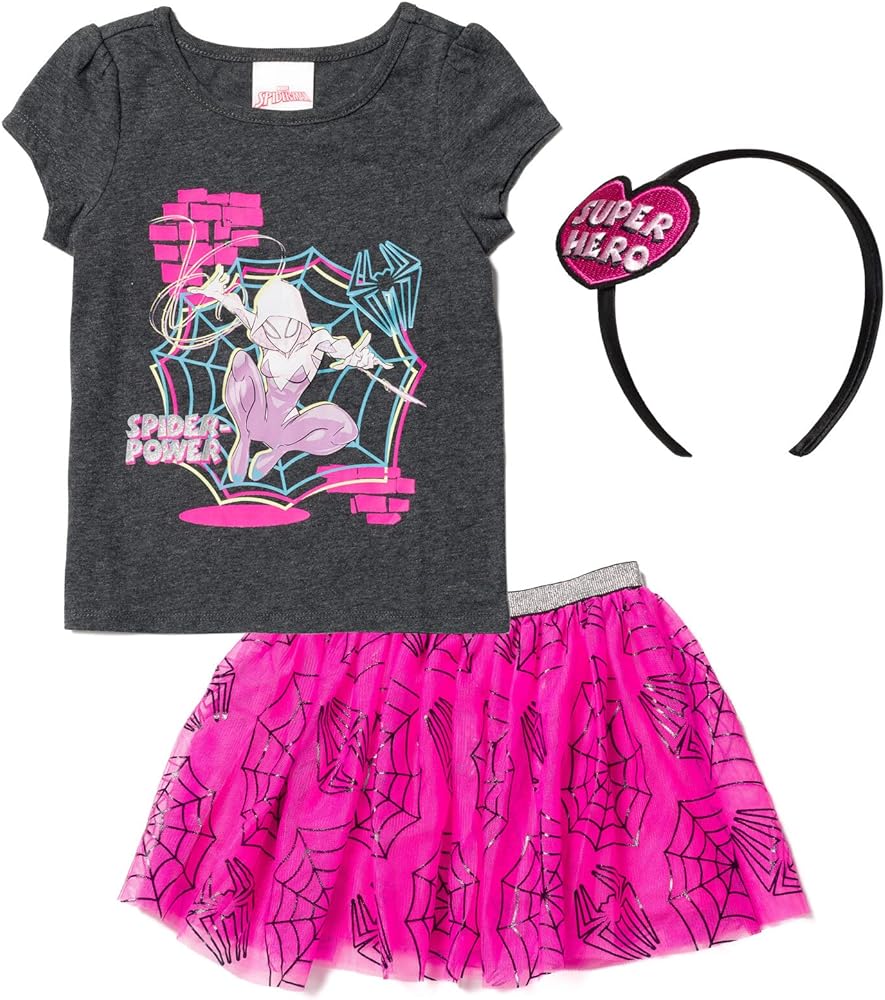 Marvel Spider-Man Spider-Gwen Girls Graphic T-Shirt Tulle Skirt and Headband 3 Piece Outfit Set Toddler to Big Kid