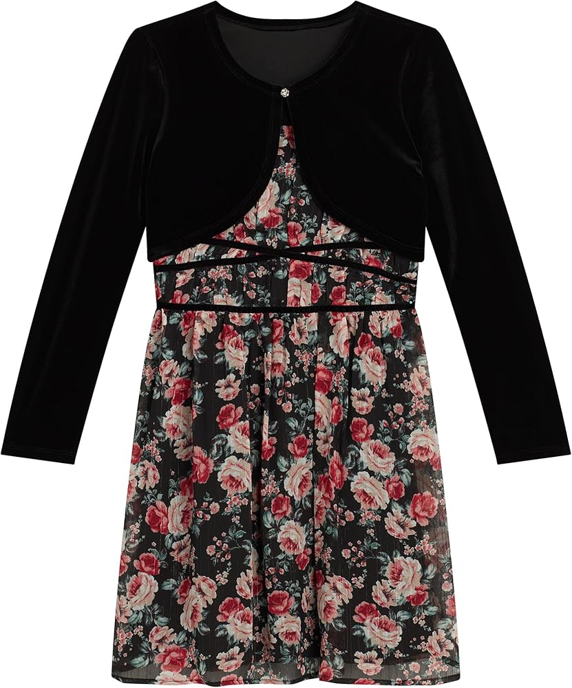 Beautees Girls' Floral Dress with Stretch Velvet Shrug