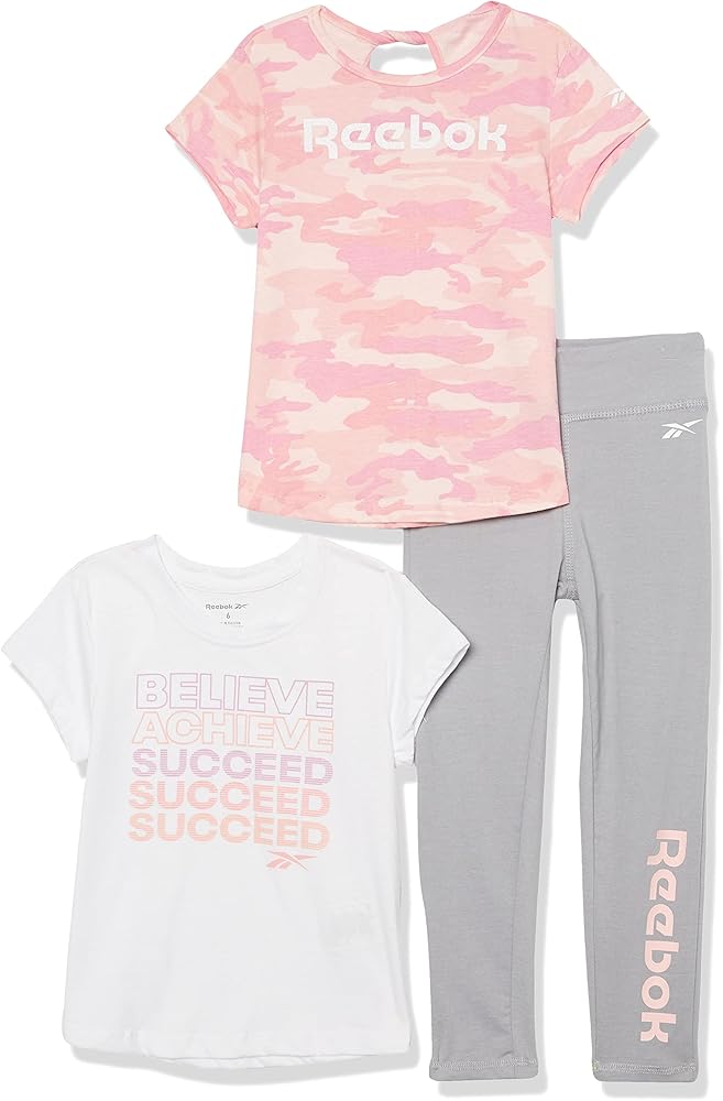 Reebok Girls' 3-Piece Activewear Clothing Set-Two Performance Tops + Leggings/Yoga Pants