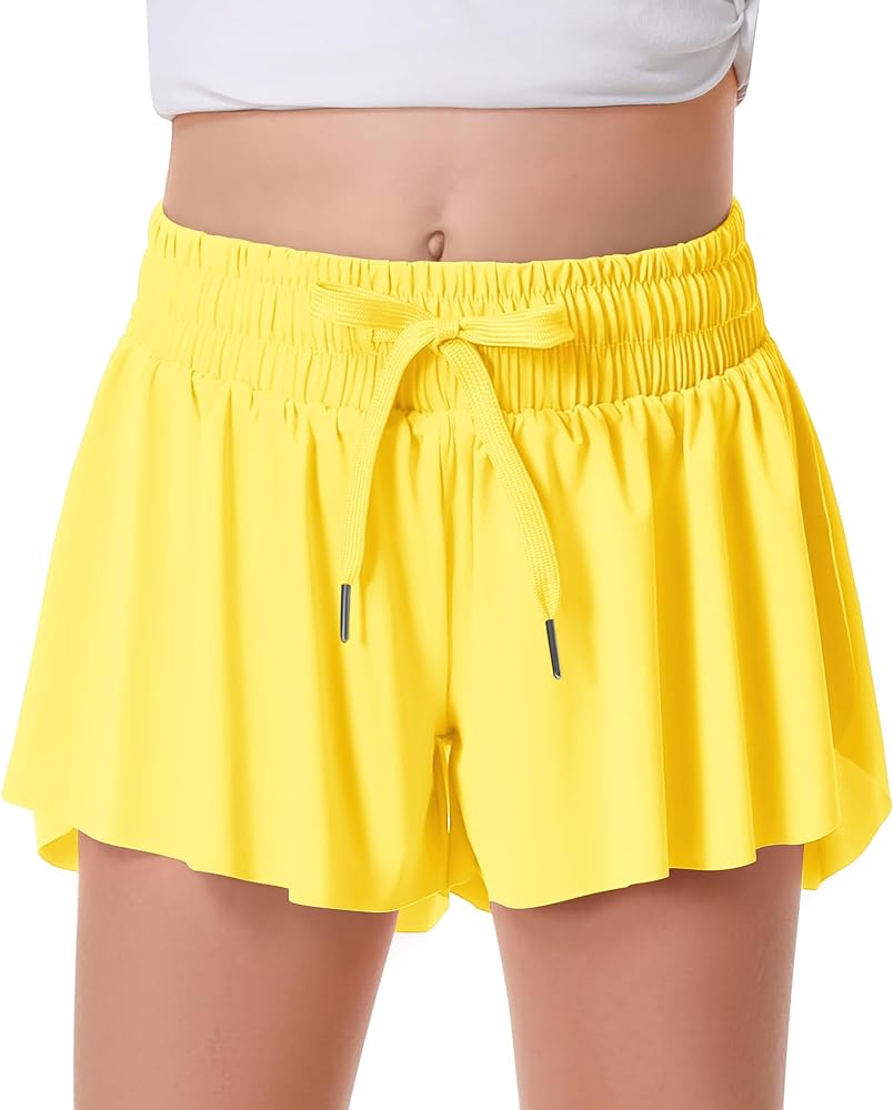 Girls Flowy Shorts Butterfly Shorts for kids with Pocket Athletic Shorts 2-in-1 Running Shorts for Girls