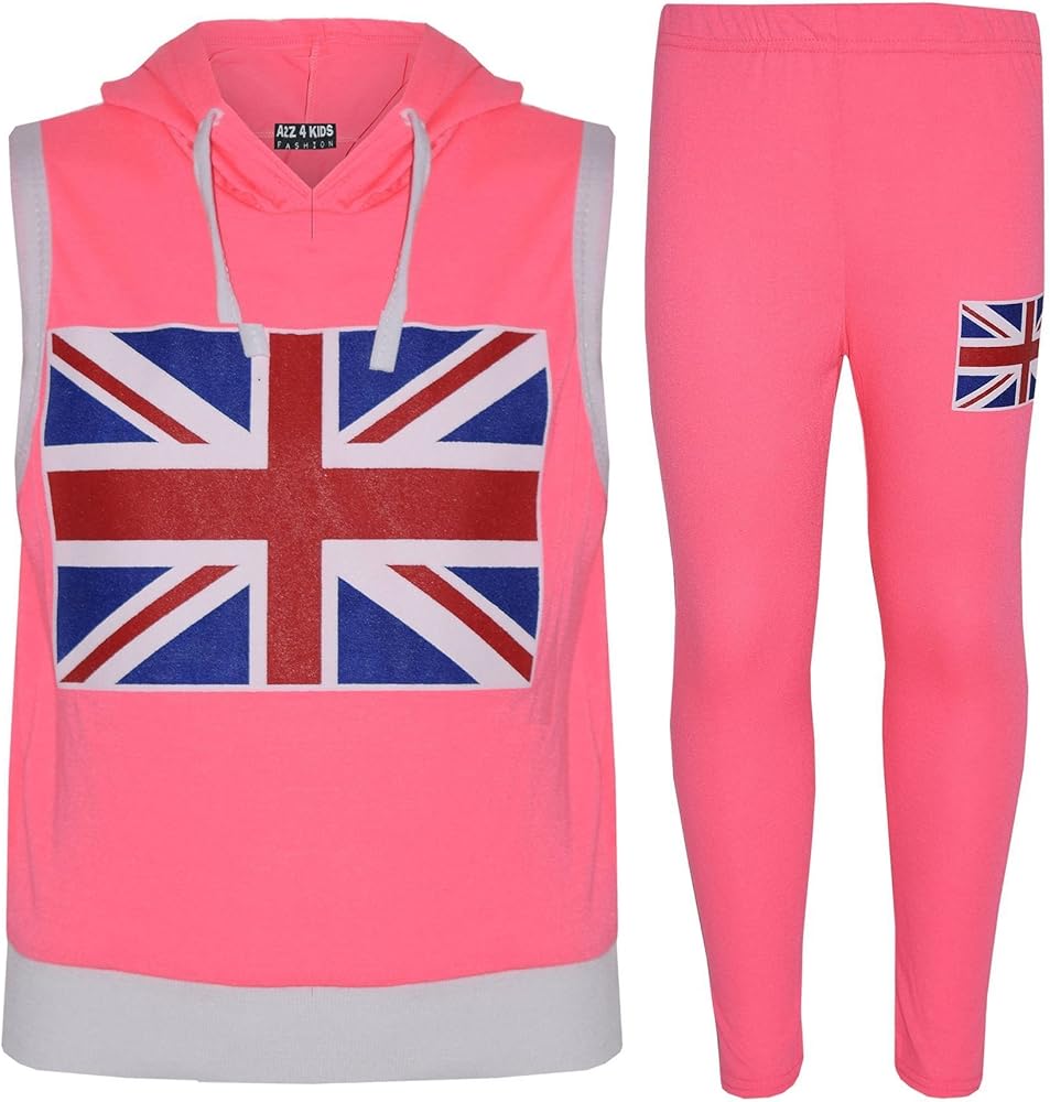 Kids Girls Boys England Flag Sleeveless Crop Hooded Top & Legging Set 7-13 Years