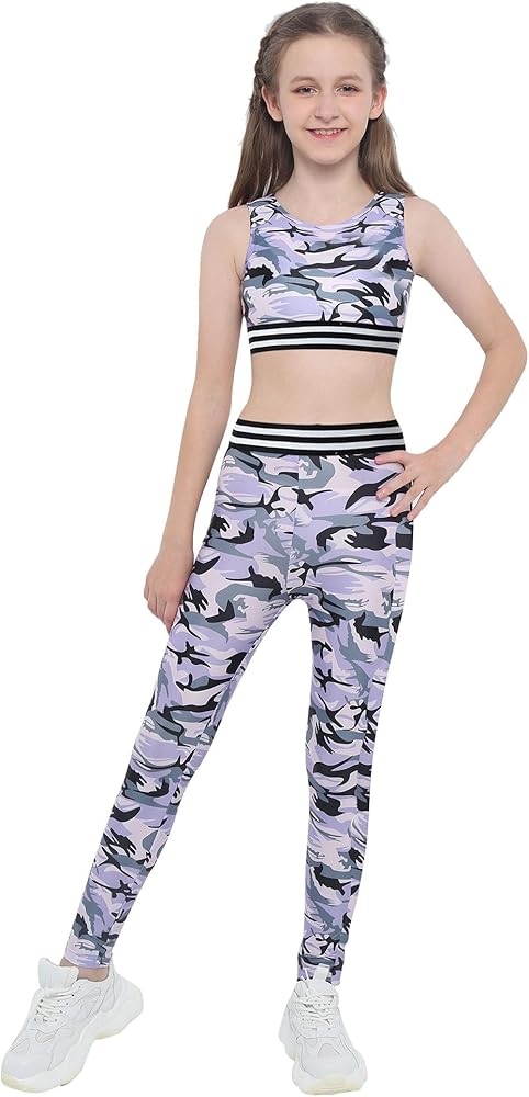 Kids Girls 2 Piece Workout Outfit Dance Crop Top Sport Bra and Yoga Legging Compression Pants Set Dancewear