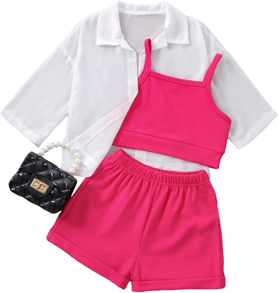 Floerns Girls 3 Piece Outfit Solid Cami Top Shorts Set with Button Down Shirt