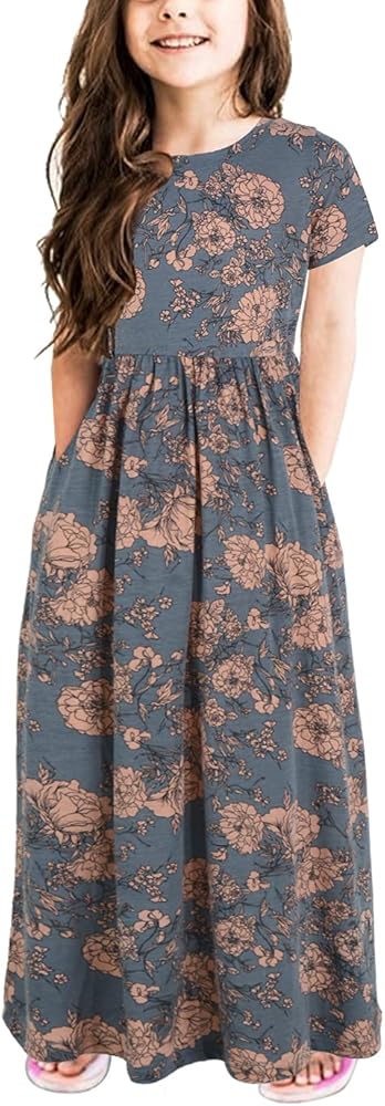 GORLYA Girl's Short Sleeve Floral Print Loose Casual Long Maxi Dress with Pockets 4-12 Years