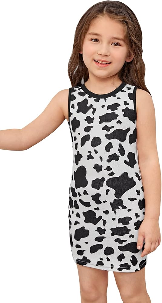 WDIRARA Toddler Girl's Cow Print Sleeveless Cute Tank Dress Summer Pencil Mini Dress