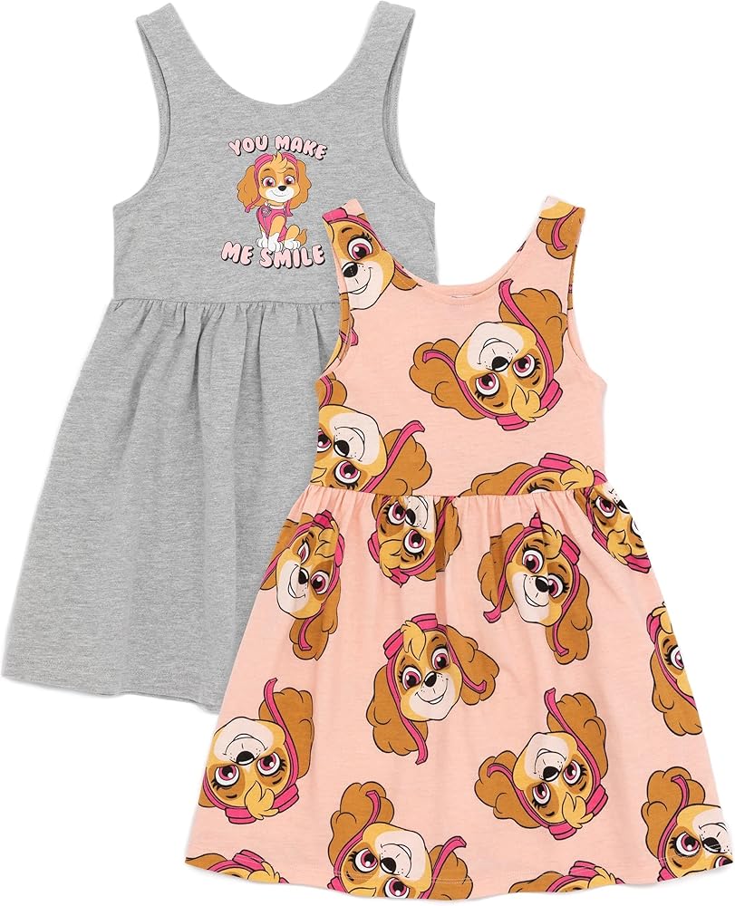 Paw Patrol Girls Dress 2 Pack | Kids Grey & Pink Skye Helicopter Pup Sleeveless Summer Dresses | Fun Multi-Pack Clothing Set