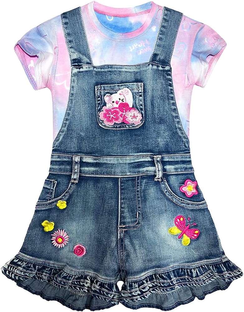 Peacolate Summer Little&Big Girls 2pcs Clothing Sets Short Sleeve T-Shirt and Denim Suspenders Shorts