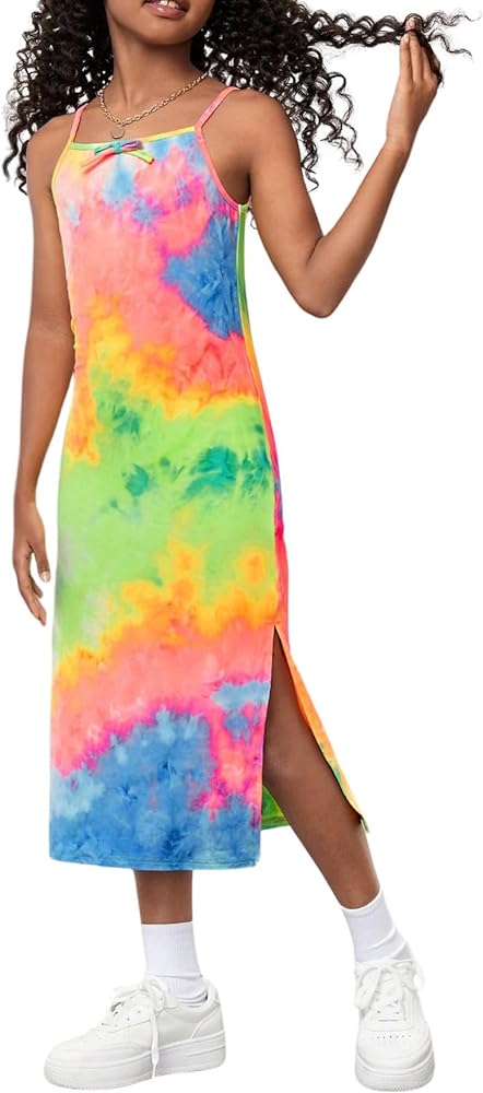 Girl's Tie Dye Split Thigh Cami Dress Spaghetti Strap Summer Maxi Dress Cute Sundresses