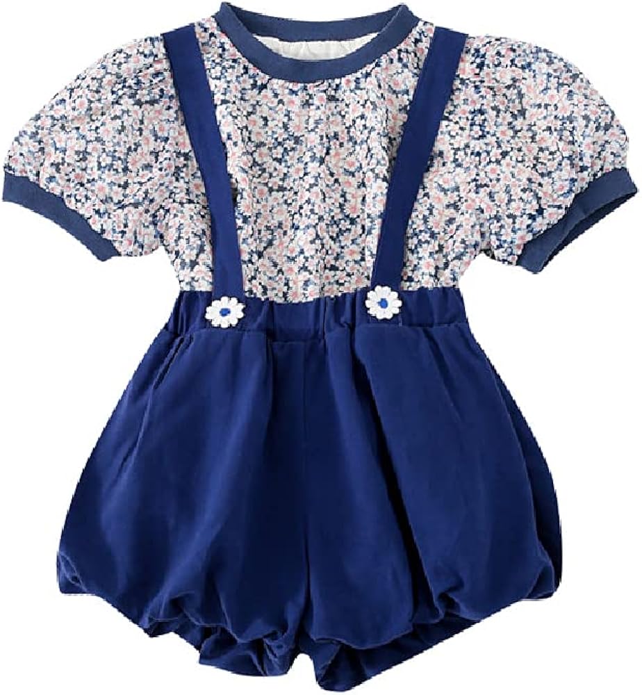 Quenny Summer Korean Style Two-Piece Suits,Girl's Pastoral Style Floral Shirt and bib Suits.