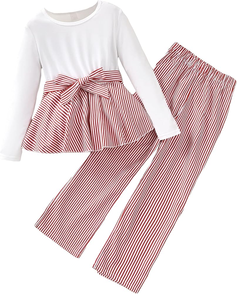 Milumia Girl Two Piece Outfits Striped Contrast Belted Peplum Long Sleeves Tee and Pants Set Red and White 8 Years