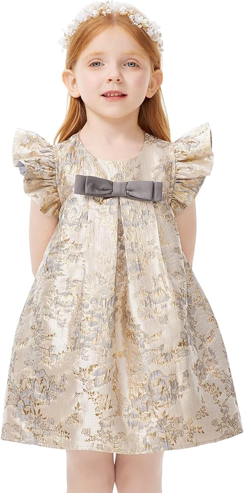 Girls Floral Dress Ruffle Sleeve A-Line Golden Jacquard Midi Dress for Girls Festival