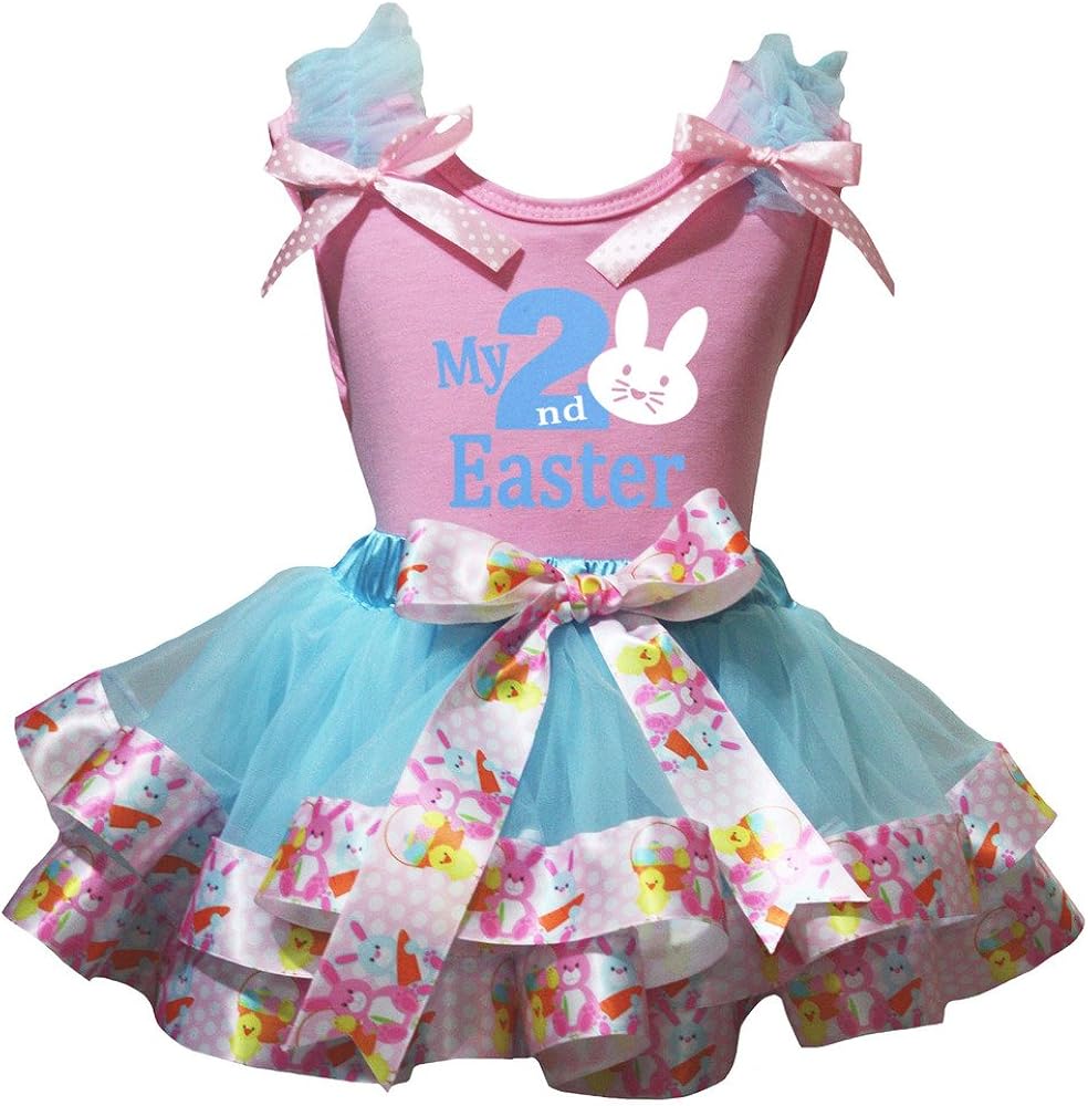 Petitebella My 2nd Easter Bunny Pink Shirt Blue Rabbits Ribbon Petal Skirt Nb-8y