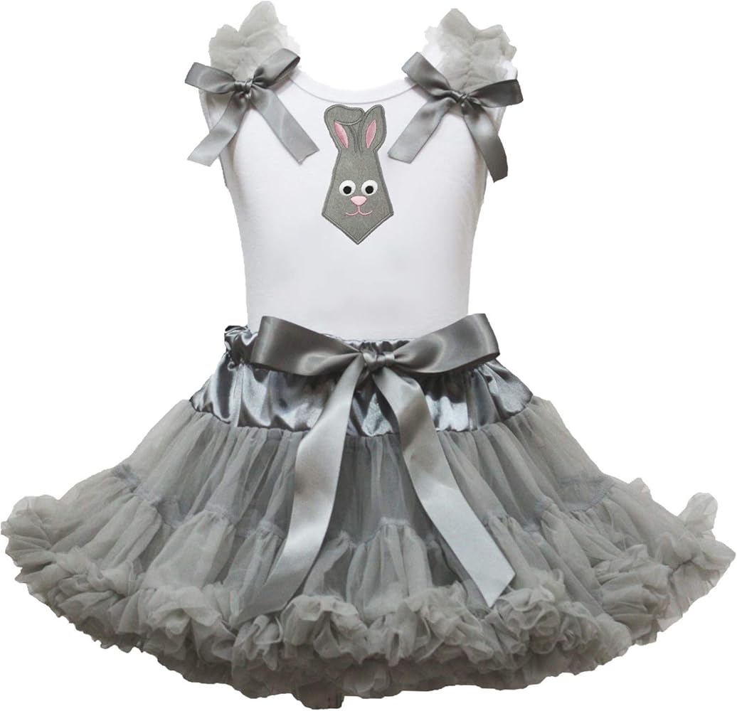 Petitebella Bunny Necktie White Shirt Grey Petti Skirt Outfit 1-8y