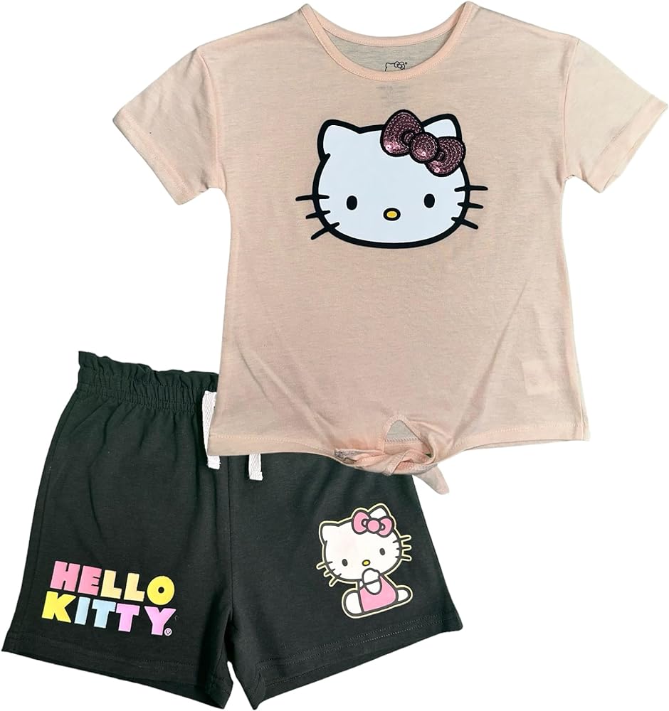 Hello Kitty Girls 2-Piece Tie Front T-Shirt and Dolphin Short Set