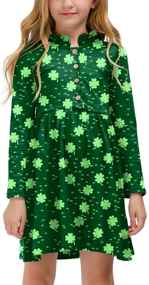 BesserBay Saint Patrick's Day Girls Ruffle Shamrock Collar Long Sleeve Pleated Tunic Dress 4-12 Years