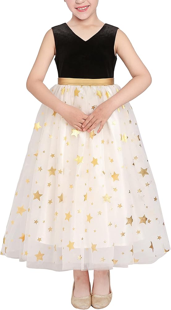 Sunny Fashion Girls Dress Christmas Vintage V-neck Hollow Back Gold Star Bow Tie