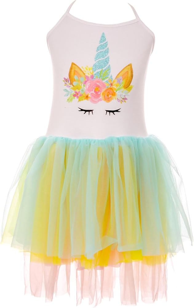 Little Girl Toddler Unicorn Halter Top Rainbow Tulle Skirt Casual Playwear Dress 2t-8