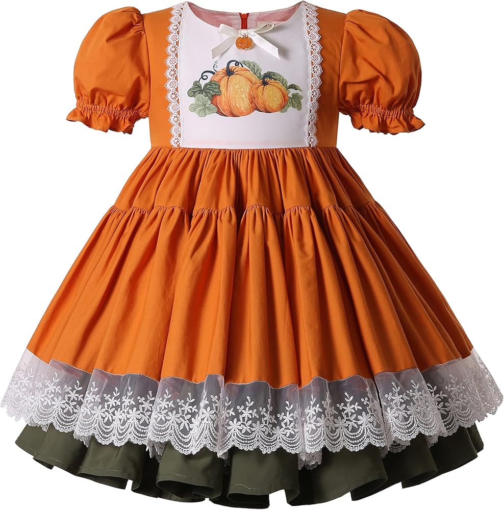 Pettigirl Girl Thanksgiving Day Pumpkin Pattern Orange Ruffle Clothing Kid Toddler Vintage Lovely Party Holiday Dresses