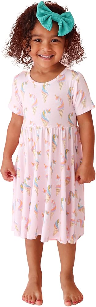 Posh Peanut Summer Dresses for Toddler Girls - Short Sleeve Toddler Twirl Dress — Breathable Little Girl Dresses in Prints & Princess Designs (2 Years) Unicorn Ice Cream