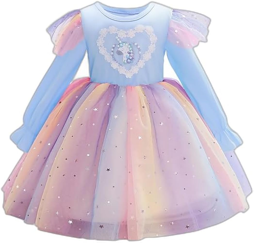 Kids Little Girls' Dress Unicorn Unicorn Lace Blue Blushing Pink Midi Long Sleeve