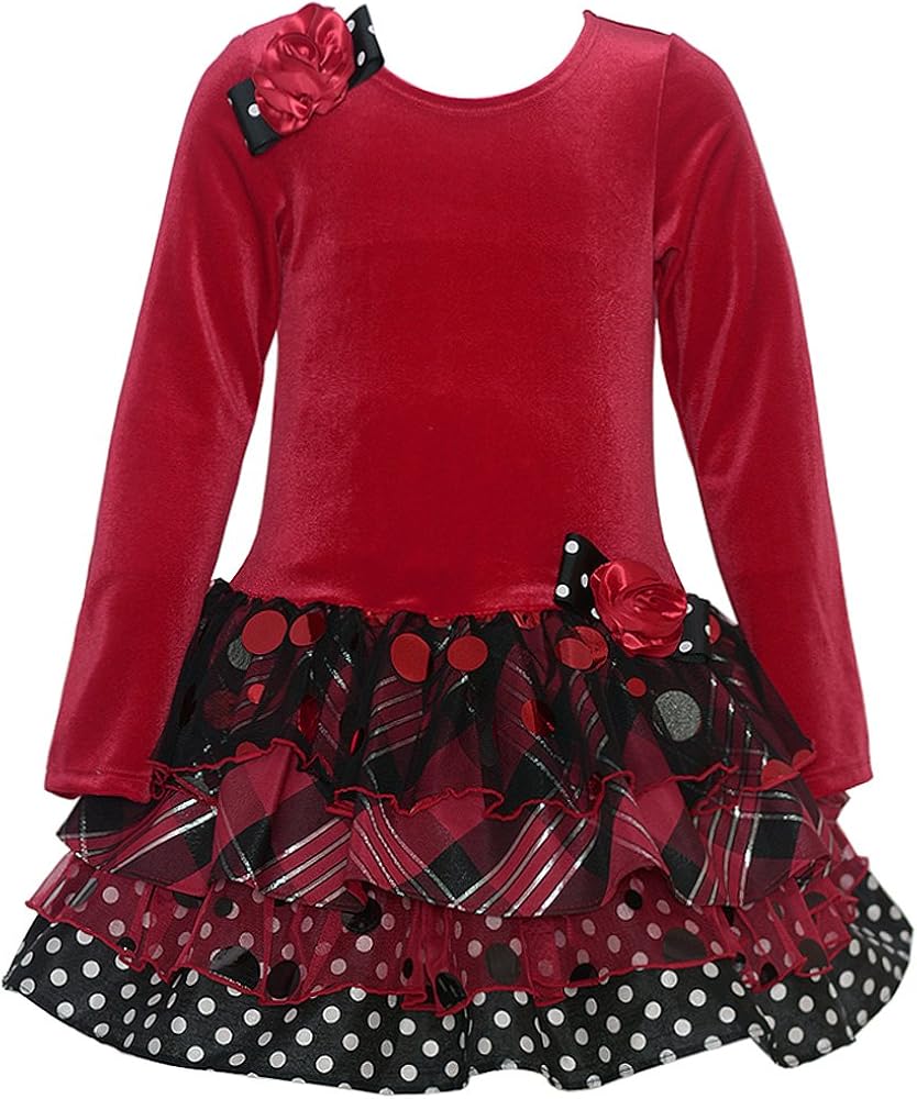 Bonnie Jean Little Girls Red Velour Floral Accent Tiered Christmas Dress