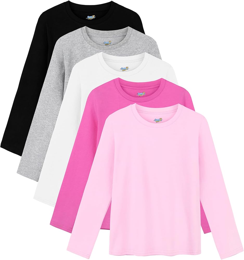 Semois 5 Pack Girls Long Sleeve Shirts Soft Cotton Crewneck Girls' Basic Long-Sleeve T-Shirts Toddlers' Tagless Tees