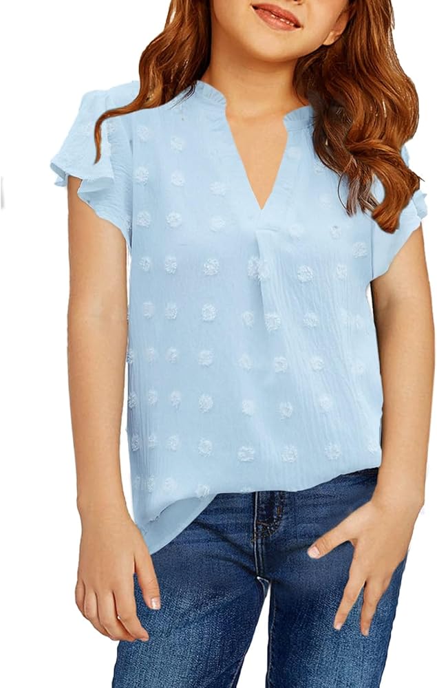 Girls Shirts Short Sleeve Chiffon Shirts Swiss Dot Blouses Top Teen Girls V-Neck Tunics Tee Size 9-14 Years