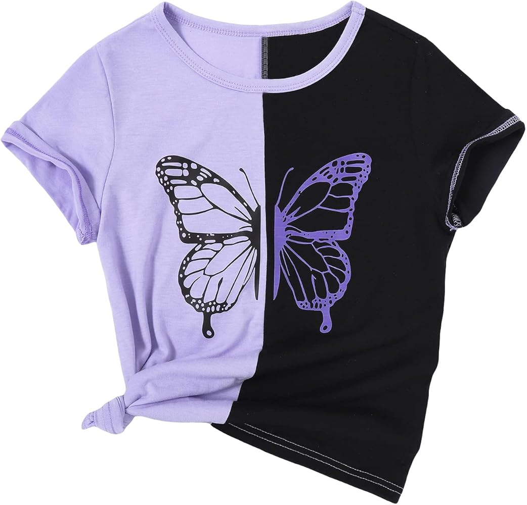 SOLY HUX Girl's Color Block Butterfly Print Tee Short Sleeve Summer T Shirt Tops