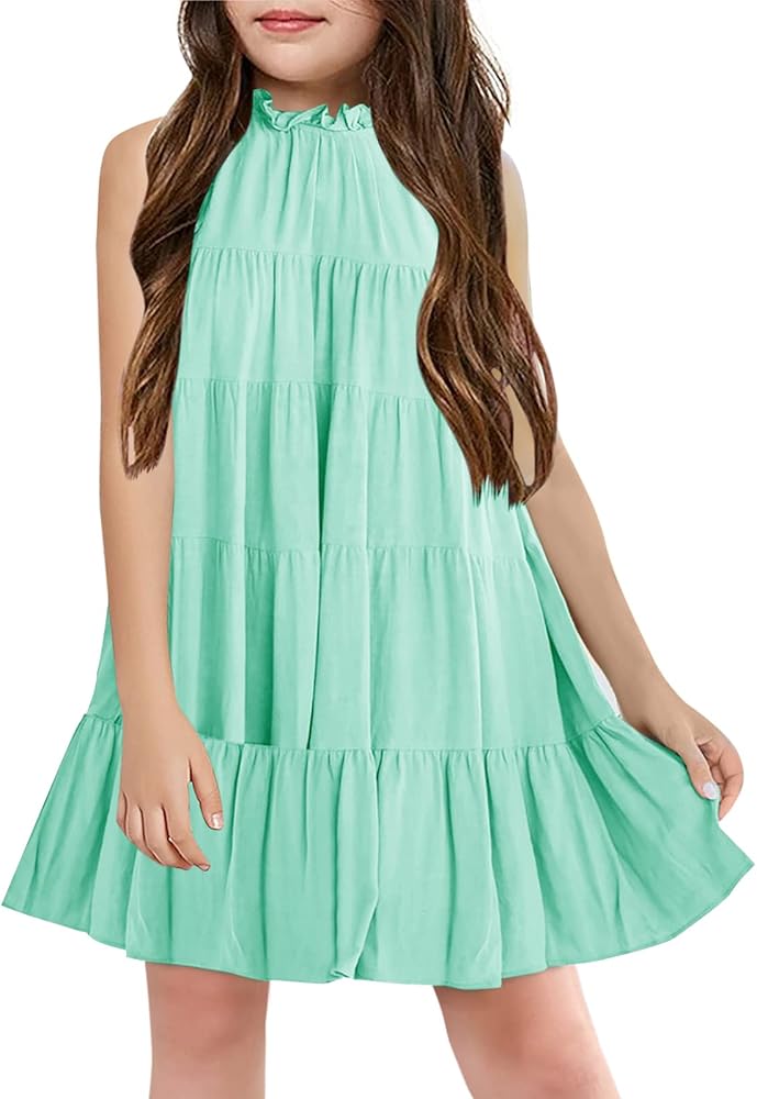 Girls Halter Neck Summer Dress Ruffle Tiered Swing Sleeveless Sundress Flowy A Line Mini Dresses for 5-14 Years