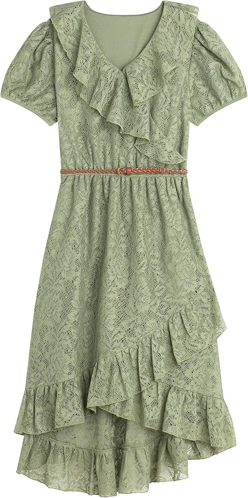 Beautees Girls' Stretch Lace Surplice Hi-Low Ruffle Dress with Belt