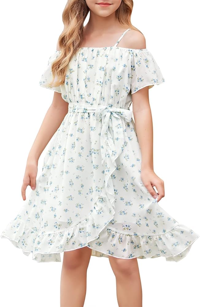 Girls Floral Dress Off Shoulder with Adjustable Strap Chiffon Casual Butterfly Short Sleeve Girls Summer Dress