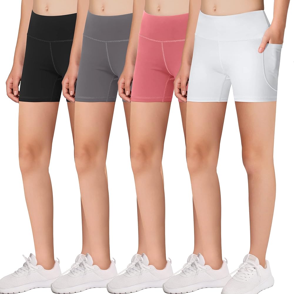 MIRITY Girls' Athletic Biker Shorts with Pockets - Kids Dance Yoga Running Soccer Volleyball Bike Shorts (Pack of 4)