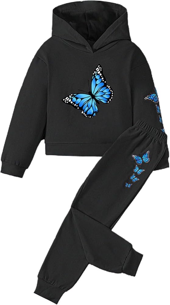 Toddler Girl Butterfly Print Long Sleeve Hoodie Pants Set For 1 To 8 Years Girls' Clothing Sets Outfits For Girls