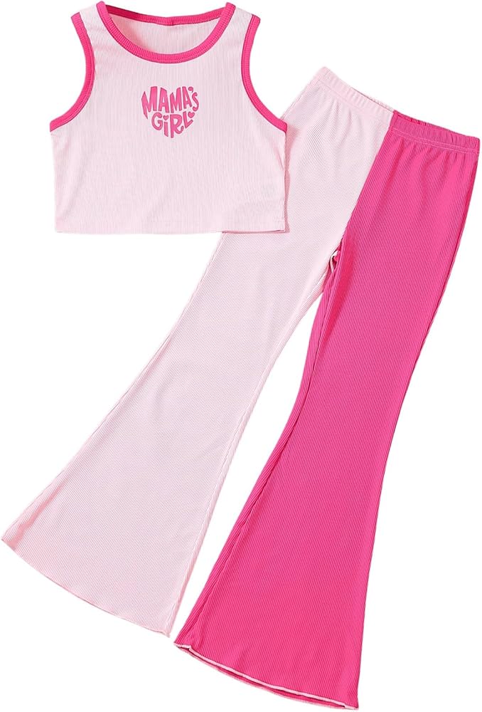 Floerns Girl's Heart Letter Graphic Contrast Tank Top Colorblock Flare Leg Pants 2 Piece Outfit