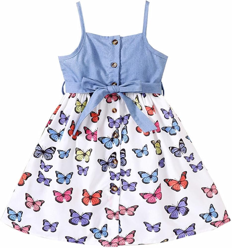 Children's Girls Summer Suspenders Stitching Butterfly Print Dress Children's Clothes Set Youth