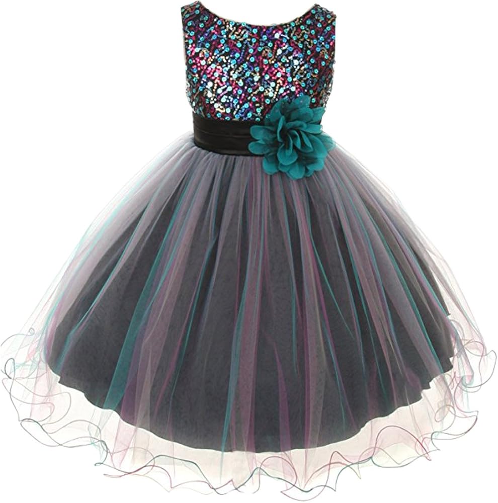 Flower Girls Dress Big Girls’ Multi Sequin Beaded Dress Teal Blue