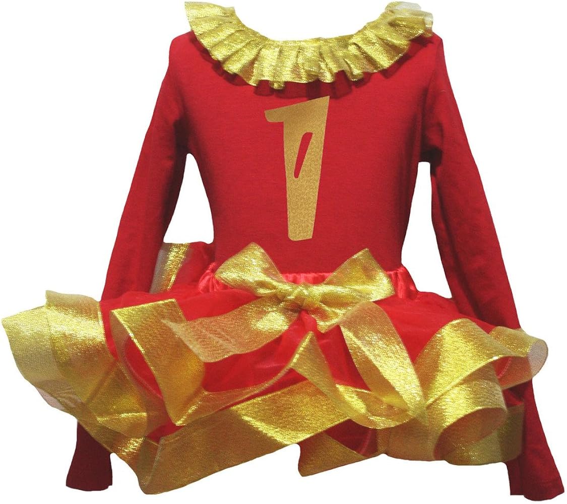 Petitebella Gold One 1st Paint Red L/s Shirt Petal Skirt Gold Ribbon Set Nb-8y