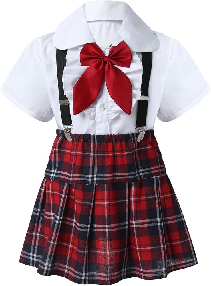 Kids Girls British Style School Uniform Set White Shirt Tops with Plaid Pleated Skirt Casual Preppy Style Outfit