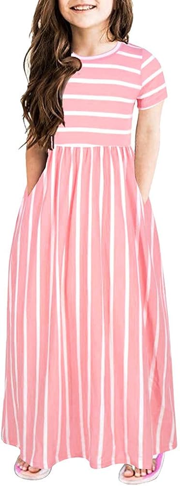 Girl's Short Sleeve Striped Print Loose Casual Long Maxi Dress with Pockets 4 to 12 Years Summer Holiday