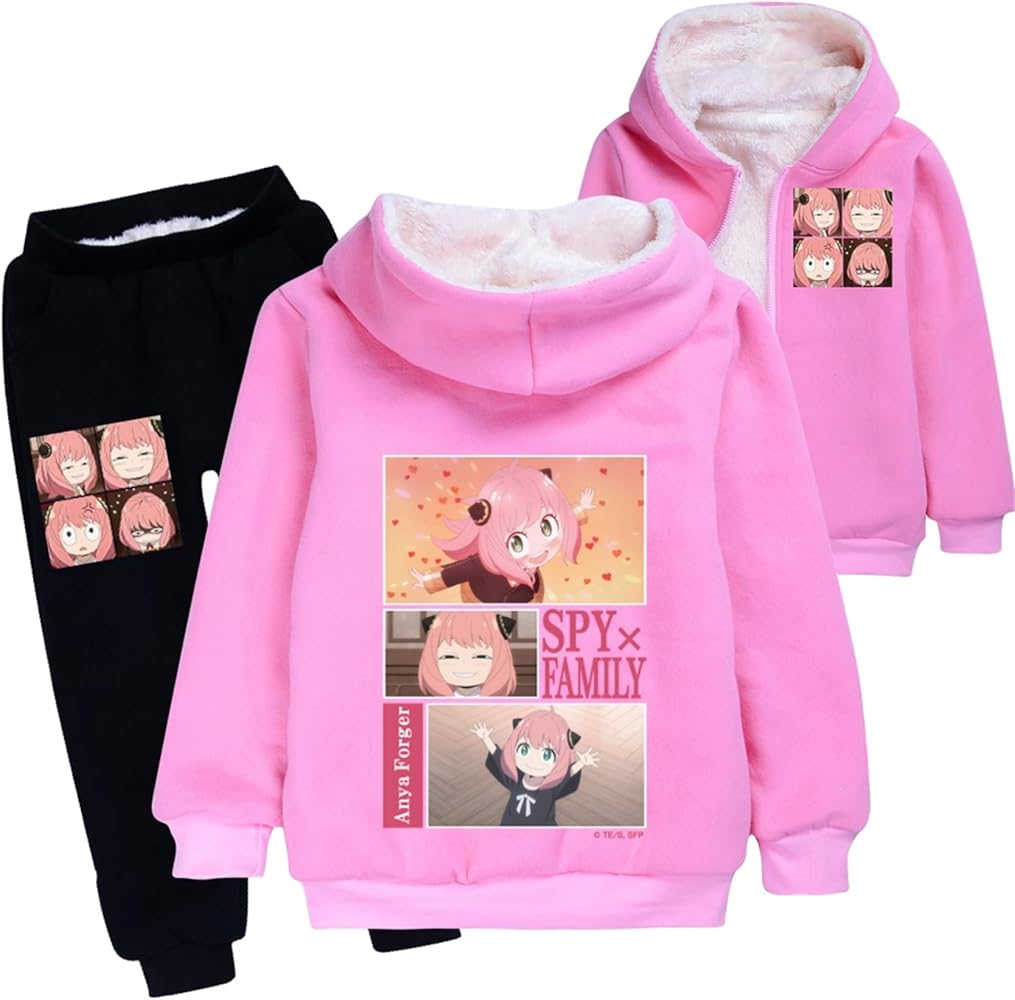 Girls Winter Fleece Coats and Sweatpants Sets Spy Family Graphic Casual Full Zip Hooded Tracksuits 2 Piece Outfits