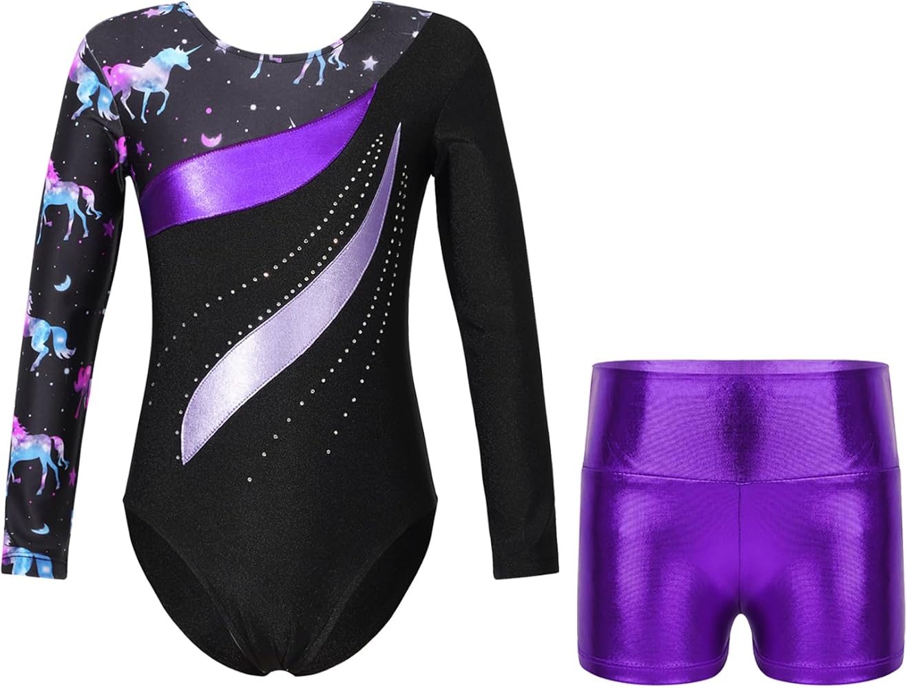 Kids Girls Long Sleeve Leotards with Shorts Sets 2 Pieces Gymnastics Dance Outfits Dancewear Tracksuit