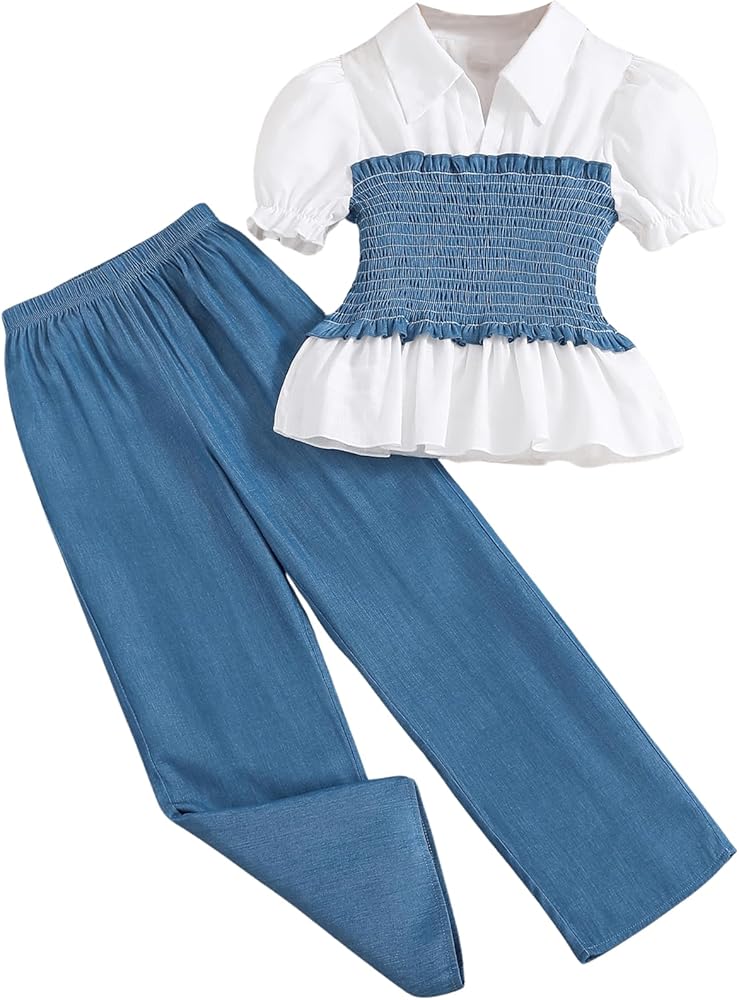 Floerns Girl's 2 Piece Outfits Collared V Neck Puff Sleeve Peplum Top Long Pants Set