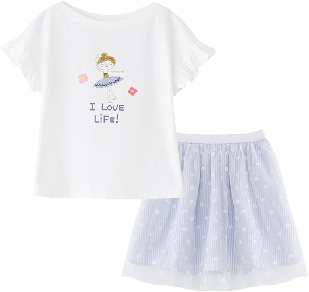 Quenny Cute Summer Children's Suits,Girls' Cartoon Printed Letter T-Shirts and mesh Skirt Two Pieces.