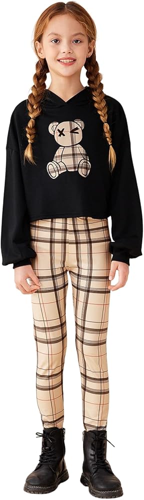 WDIRARA Girl's 2 Piece Outfit Cartoon Print Long Sleeve Hoodie and Plaid Leggings Set