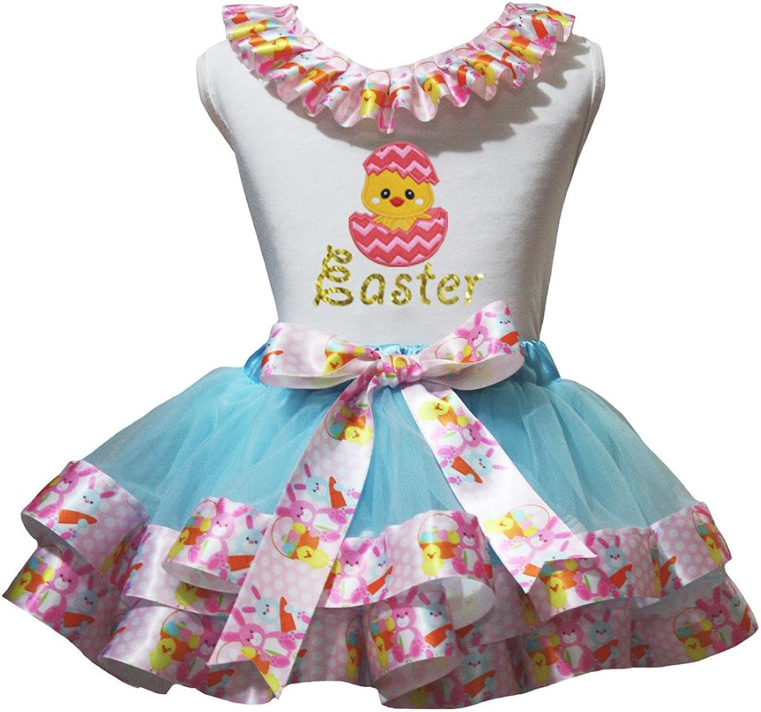 Petitebella Chick Egg Easter White Shirt Blue Rabbits Ribbon Petal Skirt Nb-8y